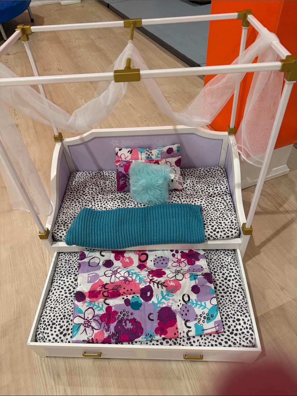 American Girl Cozy Doll Lounge Set with Teal Cushion and Pink Accessories